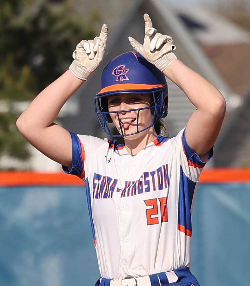 Genoa-Kingston's Christine Venditti celebrates after reaching second base during their game against Stillman Valley Tuesday, April 18, 2023, at Genoa-Kingston High School.