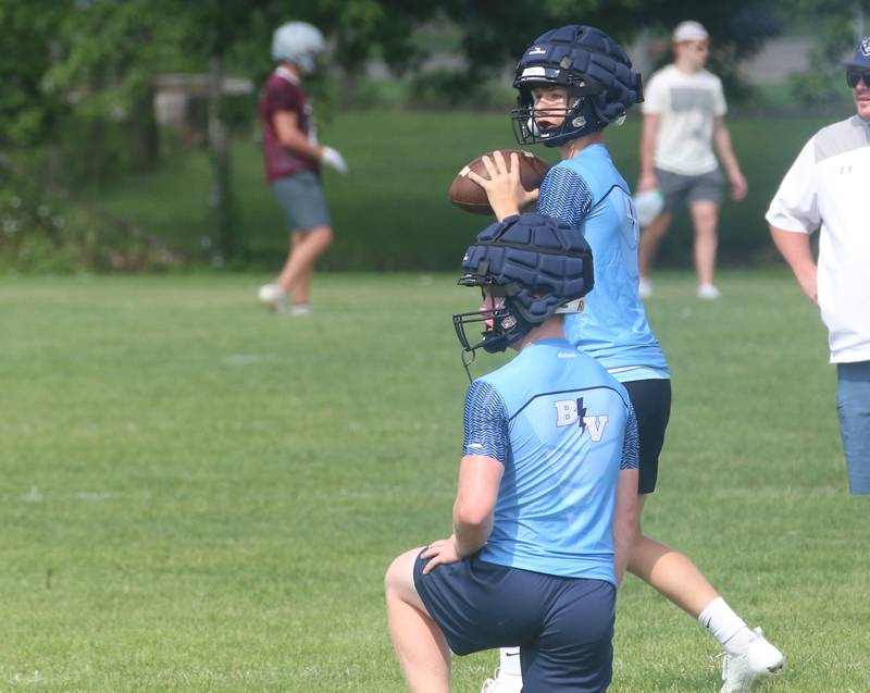 Bureau Valley quarterback Brandon Carrington looks to throw during the 7-on-7 meet on Saturday, July 15, 2023 at Princeton High School.