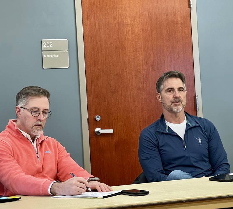 Riverfront Commission co-chairs Marc Geil and Terry McGuire discuss updates on Sterling's Riverfront Reimagined project at a commission meeting on Wednesday, Jan. 22, 2025.