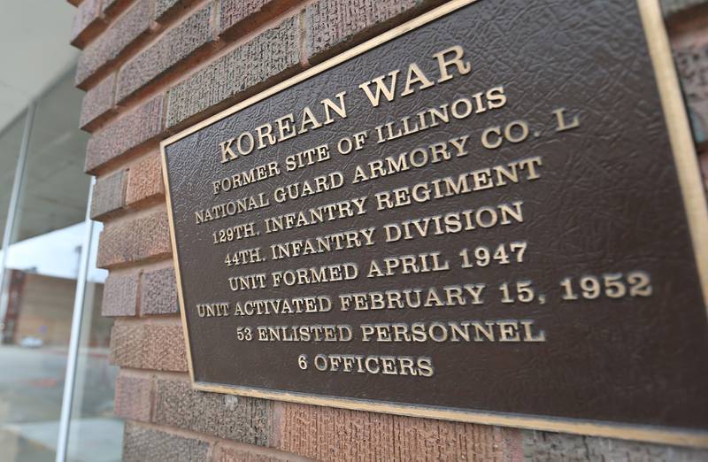 A cornerstone on the northwest side of the building reads Korean War, former site of Illinois National Guard Armory Co. L129th Infantry Regiment 44th Infantry Division Unit Formed April 1947 Unit Activated February 15, 1952. 53 Enlisted Personnell 6 officers outside the former La Salle Public Works building on 2nd Street and Wright Street on Thursday, April 18, 2024 in La Salle. The 18,000 square foot building and parking lot has been listed for sale. The brick two-story building was the site where the city housed their vehicles and other storage items. The building was appraised at $256,500.