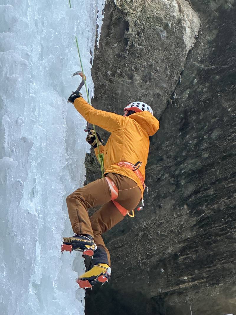Gerry Voelliger of Bettendorf, Iowa, climbs a 80-foot frozen waterfall inside Wildcat Canyon on Friday, Jan. 24, 2025, at Starved Rock State Park.