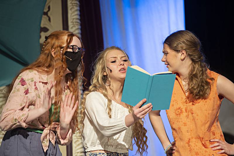 Cast members Lillian Deter, left, plays Lisa, Laynie Berkey plays Sophie and Teyla Wendt plays Ali as they rehearse the opening act of Dixon High School’s production of “Mamma Mia” on Wednesday. Performances are 7 p.m. Friday and Saturday and 2 p.m. Sunday at the James A. Wiltz Auditorium at DHS. Reserved seating is $10 a ticket, $3 for Dixon Public Schools students with an ID.