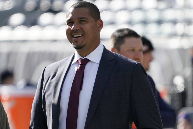 Chicago Bears general manager Ryan Poles on the field before a game against the Detroit Lions, Sunday, Nov. 13, 2022, in Chicago.