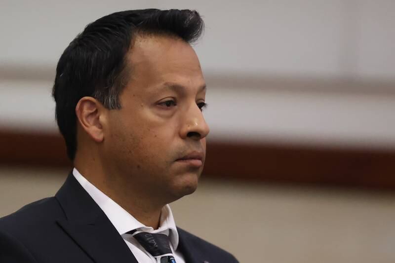 Javier Esqueda during a status hearing at the Kendall County Courthouse. Esqueda faces official misconduct charges for leaking video of Eric Lurry’s arrest. Lurry died from a drug overdose. Tuesday, June 14, 2022 in Yorkville.