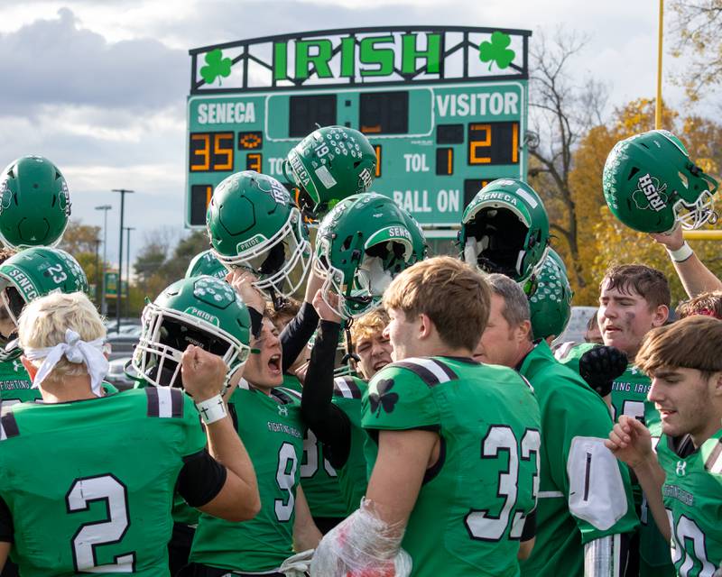 Seneca's football team breaks up post game huddle after win against Riverdale on Saturday, November 1, 2025 at Seneca High School in Seneca.