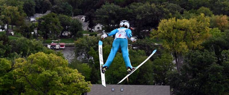 Nico Bowdre, 12, of Steamboat Springs, Colorado, makes the jump Sunday, Sept. 25, 2022, during the Norge Ski Club's annual Fall Ski Jumping Competition in Fox River Grove.