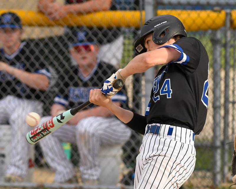 Newark's Eastin McBroom (24) makes contact with the ball during the game on Tuesday May 13, 2025, while traveling to take on Somonauk High School.