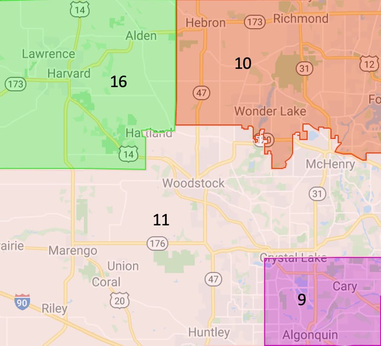 Under the new congressional maps passed by the Illinois General Assembly in October, McHenry County would have four members of Congress. The green district in the northwest corner of the county will be Illinois' 16th congressional district. The white district across most of the county will be Illinois' 11th congressional district. The purple district in the southeast corner of the county will be Illinois' 9th congressional district. The red district in the northeast corner of the county will be Illinois' 10th congressional district. (Image taken from Illinois House Democrats redistricting website)