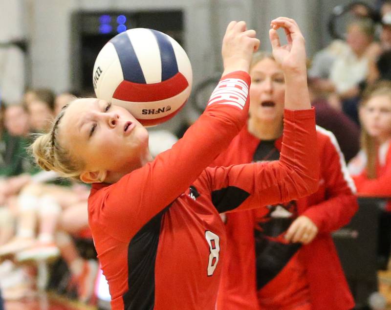 Henry-Senachwine's Mazie Koll misjudges the ball as it falls out of bounce while playing St. Bede on Tuesday, Oct. 21, 2025 at Henry-Senachwine High School.