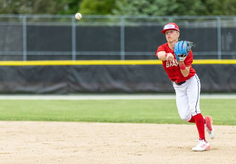 Batavia second baseman Chase Hampton throws the ball to first base during the Class 4A Regional semifinal against St. Charles North at Batavia High School in Batavia on Thursday, May 29, 2025.