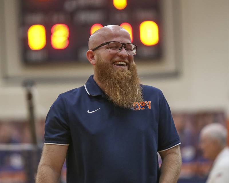 Oswego's head coach Gary Mosley during volleyball match between Romeoville at Oswego. Oct 16, 2025.