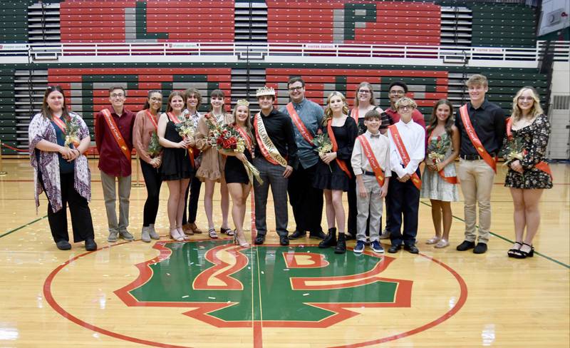 The La Salle-Peru Township High School Homecoming court poses for a photo in Sellette Gymnasium on Monday, Oct. 2, 2023. The court included seniors Ellie Radtke, Kevin Rynke, Ella Raef, Nolan Glynn, Nora Maier and Brodie Moss, juniors Leah Carter, Mo Crabbe, Ava Currie, Adam Kasperski, Elena Leone, and Danny Beavers, sophomores Kendal Snell and Enrike Garcia, and freshmen Ruby Gray and Gianni Verucchi. The annual Homecoming Variety Show also featured 14 student performances.