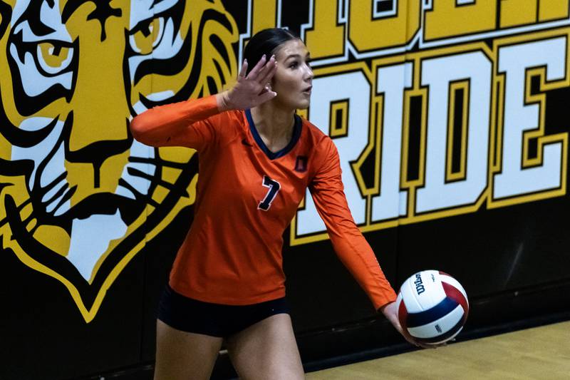 Oswego's Hannah Herrick serves during a 4A sectional varsity volleyball game against Joliet West at Joliet West on Nov. 4, 2025.