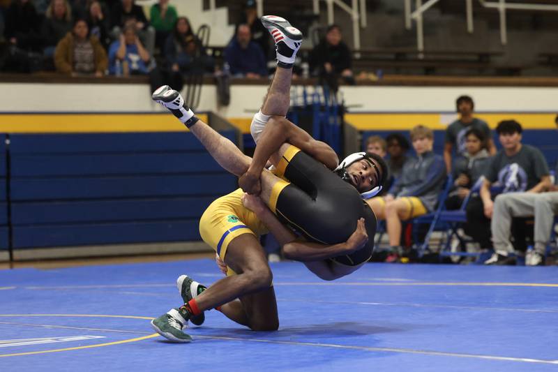 Joliet Central’s Andy Ruiz-Martinez drops Joliet West’s Tremaine Cooper in the 144-pound weight match at Joliet Central on Friday, Jan 31, 2025.