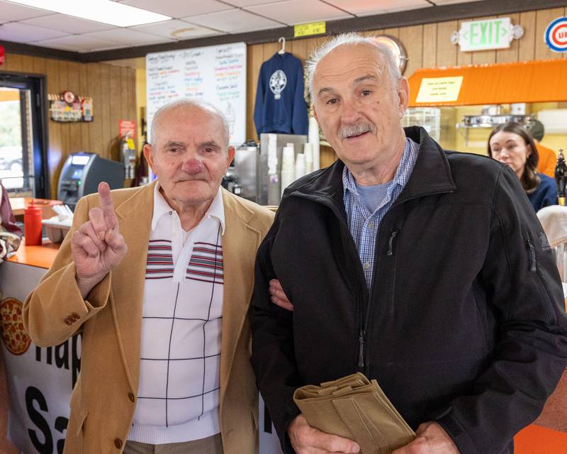Sam Leone and Joe Evola of Sam’s Pizza in Marseilles pose for photo at Sam’s retirement celebration on Saturday, October 25, 2025 at the Rootbeer Stand in Oglesby.
