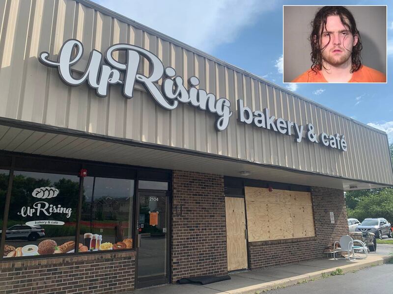 Joseph Collins, 24, of Alsip, inset, was charged with a hate crime and criminal damage to property in connection with vandalism that took place in July 2022 at UpRising Bakery and Cafe in Lake in the Hills.