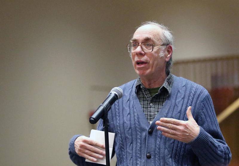 Howard Solomon, DeKalb District 428 school board member, asks about inclusion of different religions Wednesday during the NIU Diversity Dialogues: The First Amendment, free speech and lawful assembly in the Carl Sandburg Auditorium at NIU.