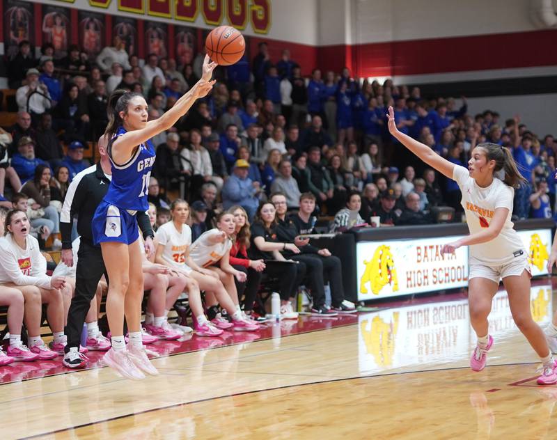 Geneva’s Peri Sweeney (10) shoots a three pointer against Batavia's Addi Lowe (4) during a basketball game at Batavia High School on Friday, Jan 26, 2024.
