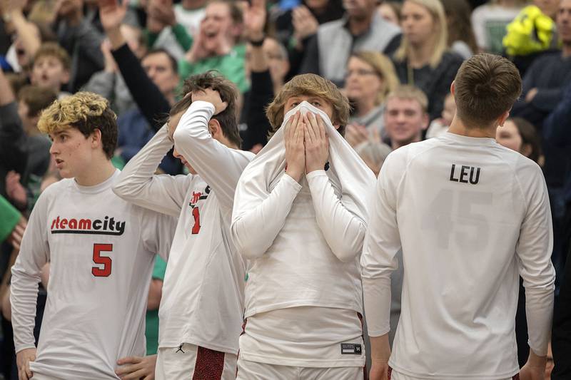 The Fulton bench react in the waning seconds of a loss to Scales Mound 50-46 Friday, March 3, 2023 in the 1A sectional final in Lanark.
