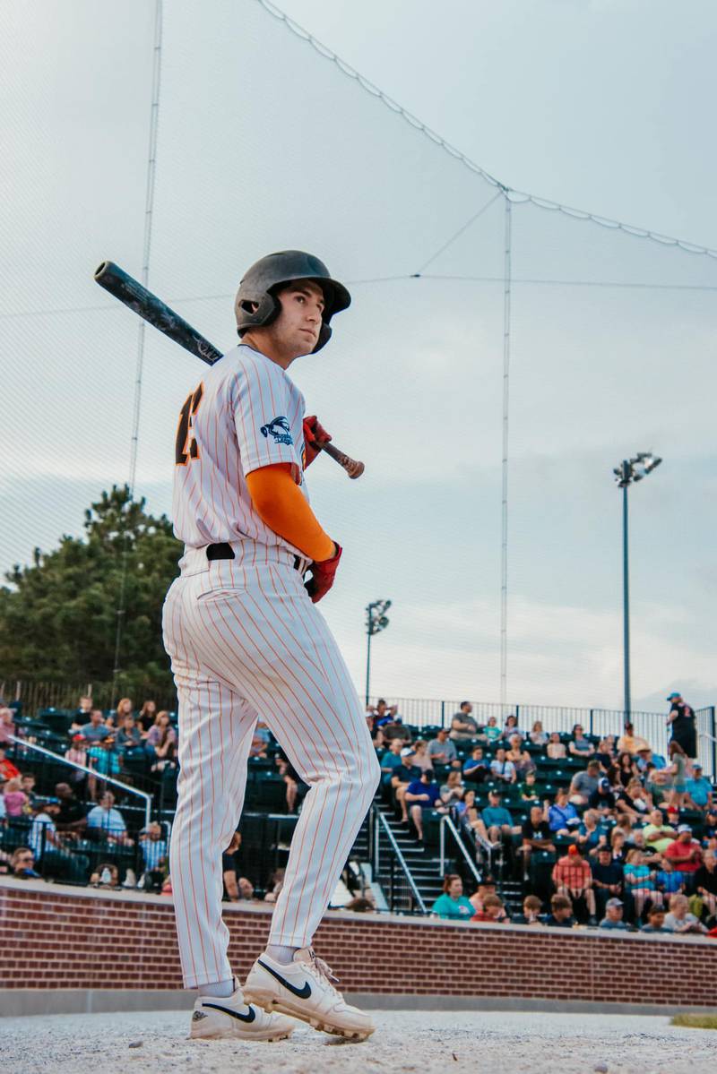 Ryan Niedzwiedz stands in the on-deck circle during the Illinois Valley Pistol Shrimp's 12-9 victory over the Springfield Lucky Horseshoes on Saturday, July 27, 2024 at Schweickert Stadium in Peru.