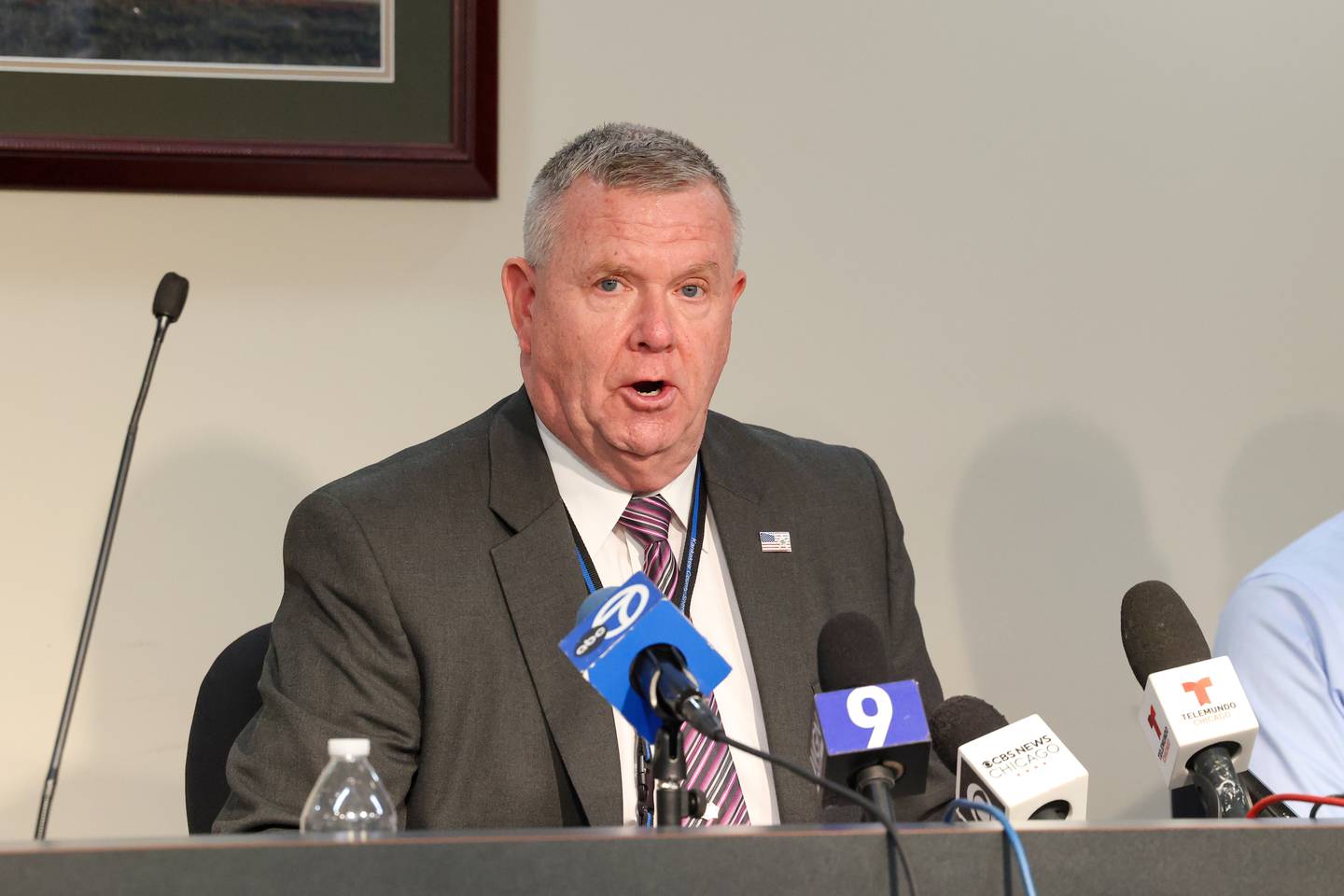Kankakee County Sheriff Mike Downey, center, leads a press conference on Tuesday, Feb. 3, 2026, to share security footage visuals of a suspect and vehicle as they 
investigate a homicide that occurred on Feb. 2 at The Line, a bar along Illinois Route 114 in Momence. Bar owner Courtney Drysdale was found shot to death on Monday, Feb. 2, 2026, at the establishment.