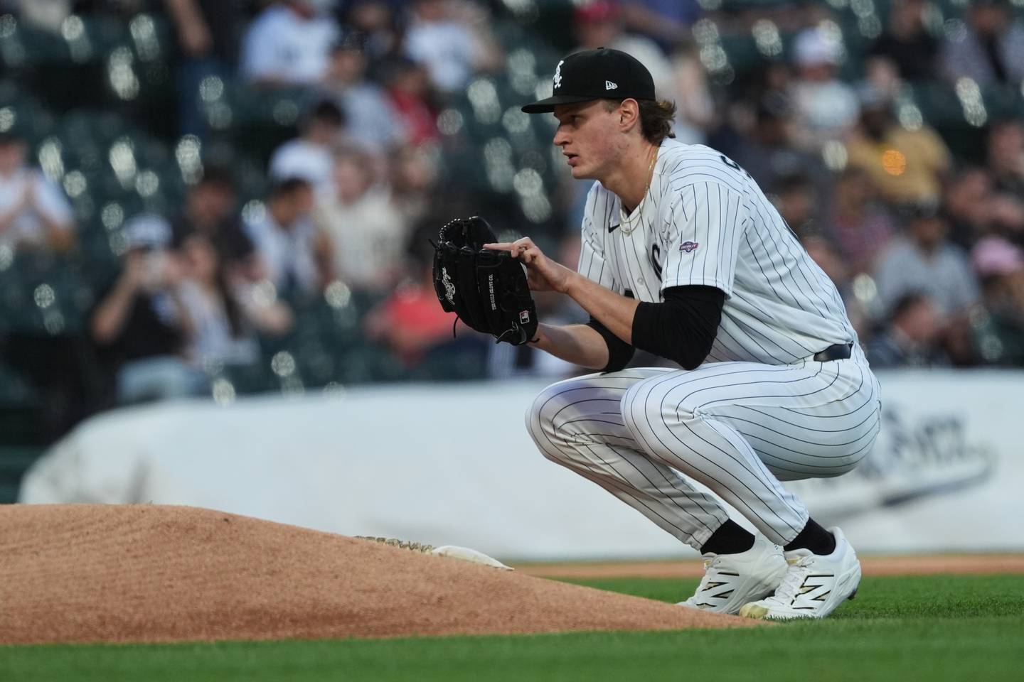 Chicago White Sox starting pitcher Noah Schultz looks at the home plate during the first inning of a baseball game against the Tampa Bay Rays in Chicago, Tuesday, April 14, 2026. (AP Photo/Nam Y. Huh)