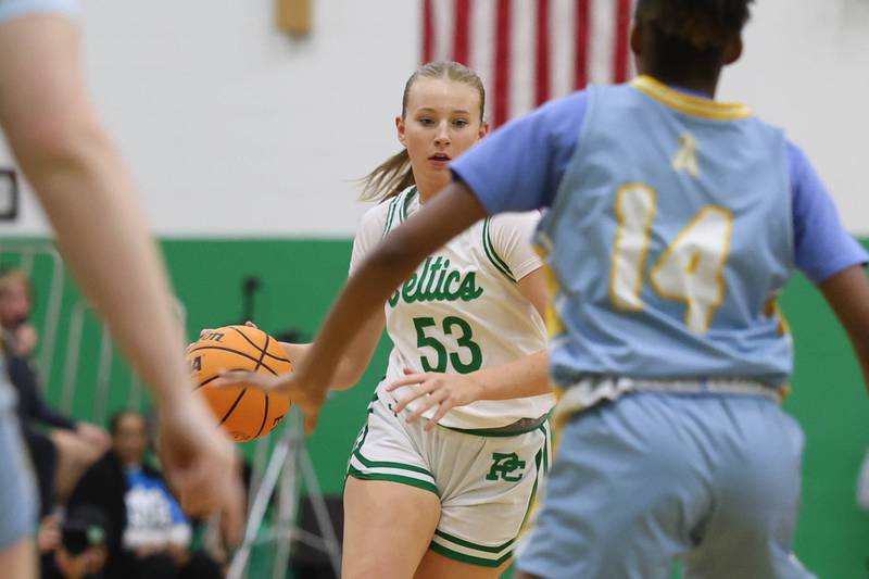 Providence’s Landrie Callahan works the ball against Joliet Catholic on Saturday, Dec. 5, 2025 in New Lenox.
