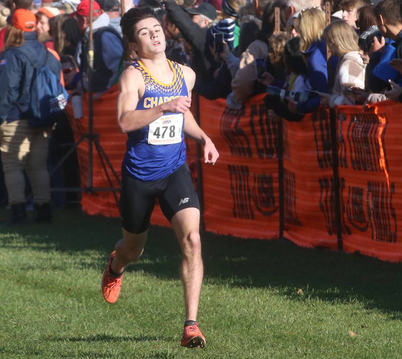 Aurora Central Catholic's Patrick Hilby competes in the Class 1A State Cross Country race on Saturday, Nov. 4, 2023 at Detweiller Park in Peoria.