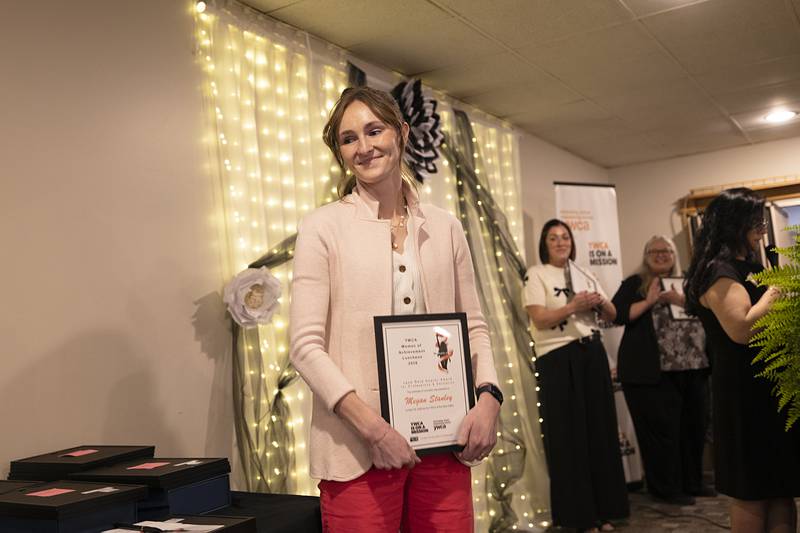 Sterling ag teacher Megan Stanley smiles after being awarded the Jane Reid Keeper Award Thursday, April 16, 2026, at the YWCA’s Women of Achievement Luncheon. The award is given to a woman who has made significant achievements in medical, legal, social service, teaching or  non-profit field.