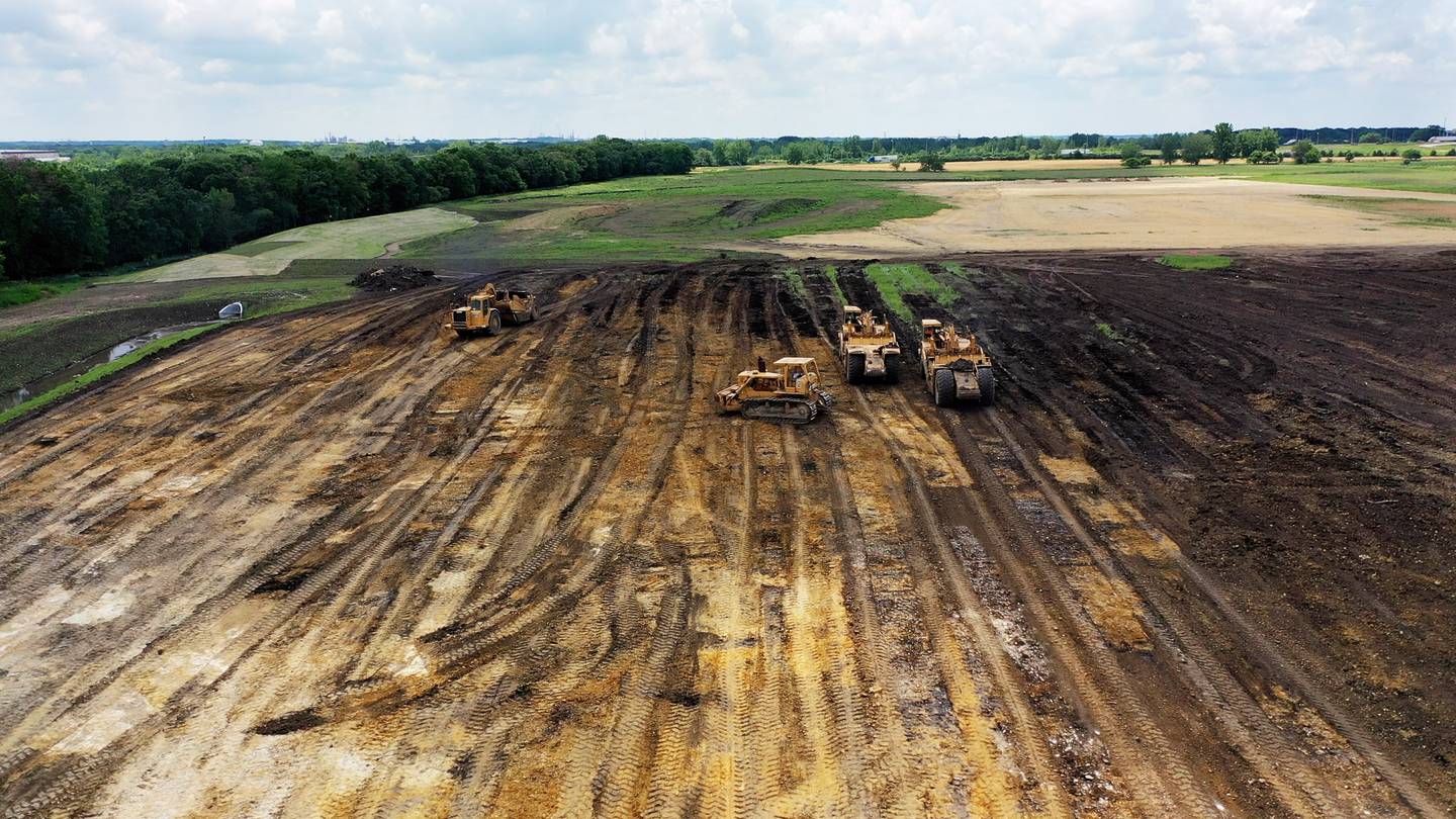 Construction crews have been grading land at the future Rock Run Crossings in Joliet in 2021.