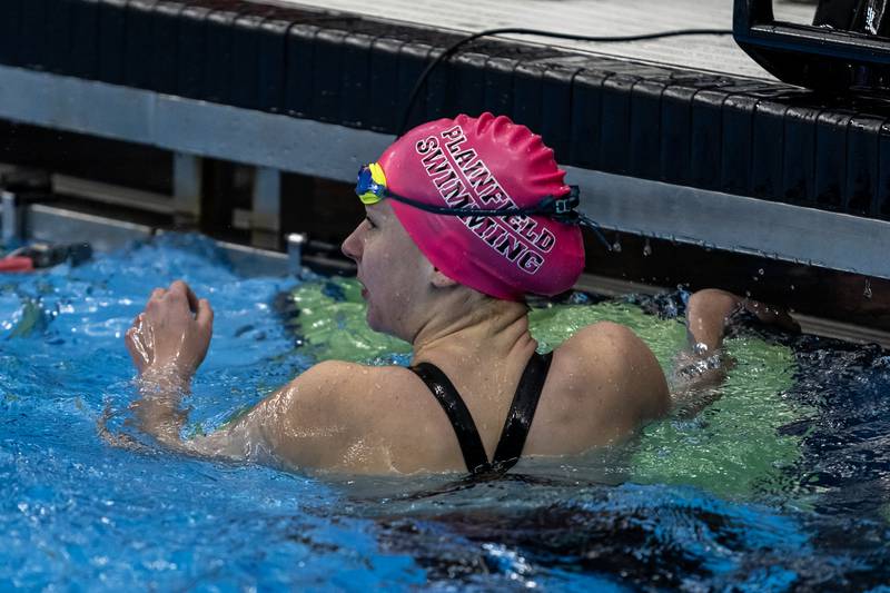 Plainfield’s Karolina Zonyte looks at the board after competing in the 200 Yard Freestyle Relay during the IHSA Girls State Swimming Preliminaries at FMC Natatorium in Westmont on Nov. 14, 2025.