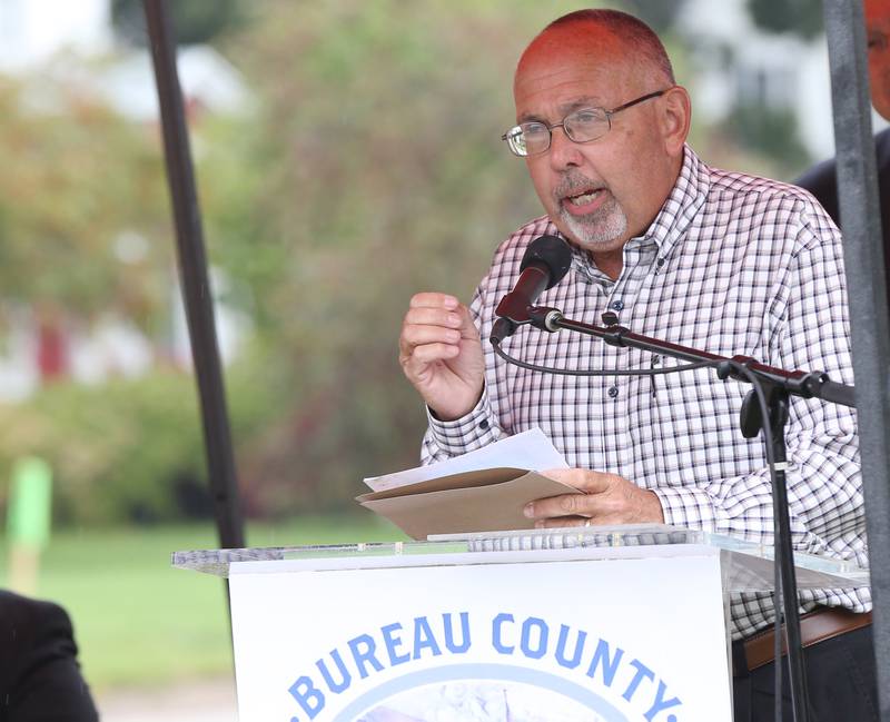 Ray Mabry, mayor of Princeton, delivers his remarks during a Civil War Monument Ceremony on Friday, Sept. 22, 2023 outside the Sash Stalter Matson Building in Princeton.