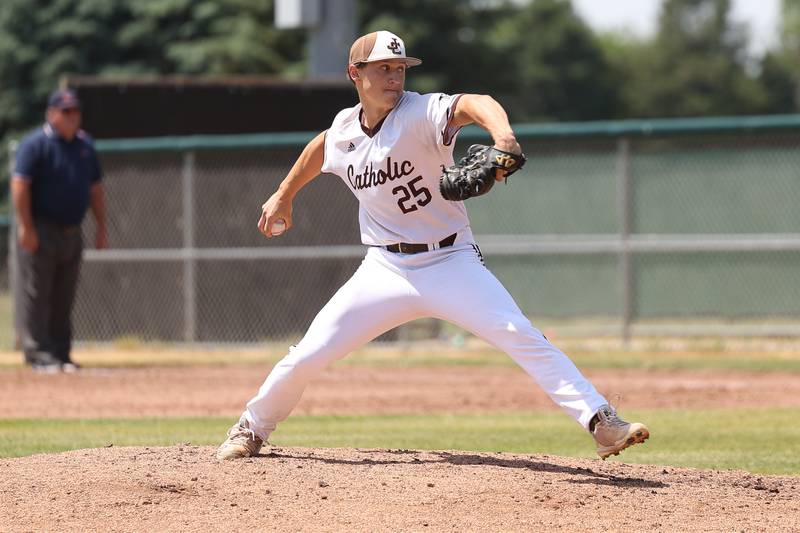 Joliet Catholic’s Nate Ciemny delivers a pitch in relief against Spring Valley Hall in the Class 2A Geneseo Supersectional on Monday, May 29, 2023 in Geneseo.
