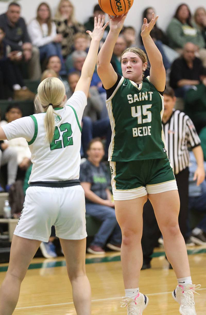St. Bede's Savannah Bray shoots a jump shot over Alleman's Megan Hulke during the Class 2A Regional finals on Thursday, Feb. 19, 2026 at St. Bede Academy.