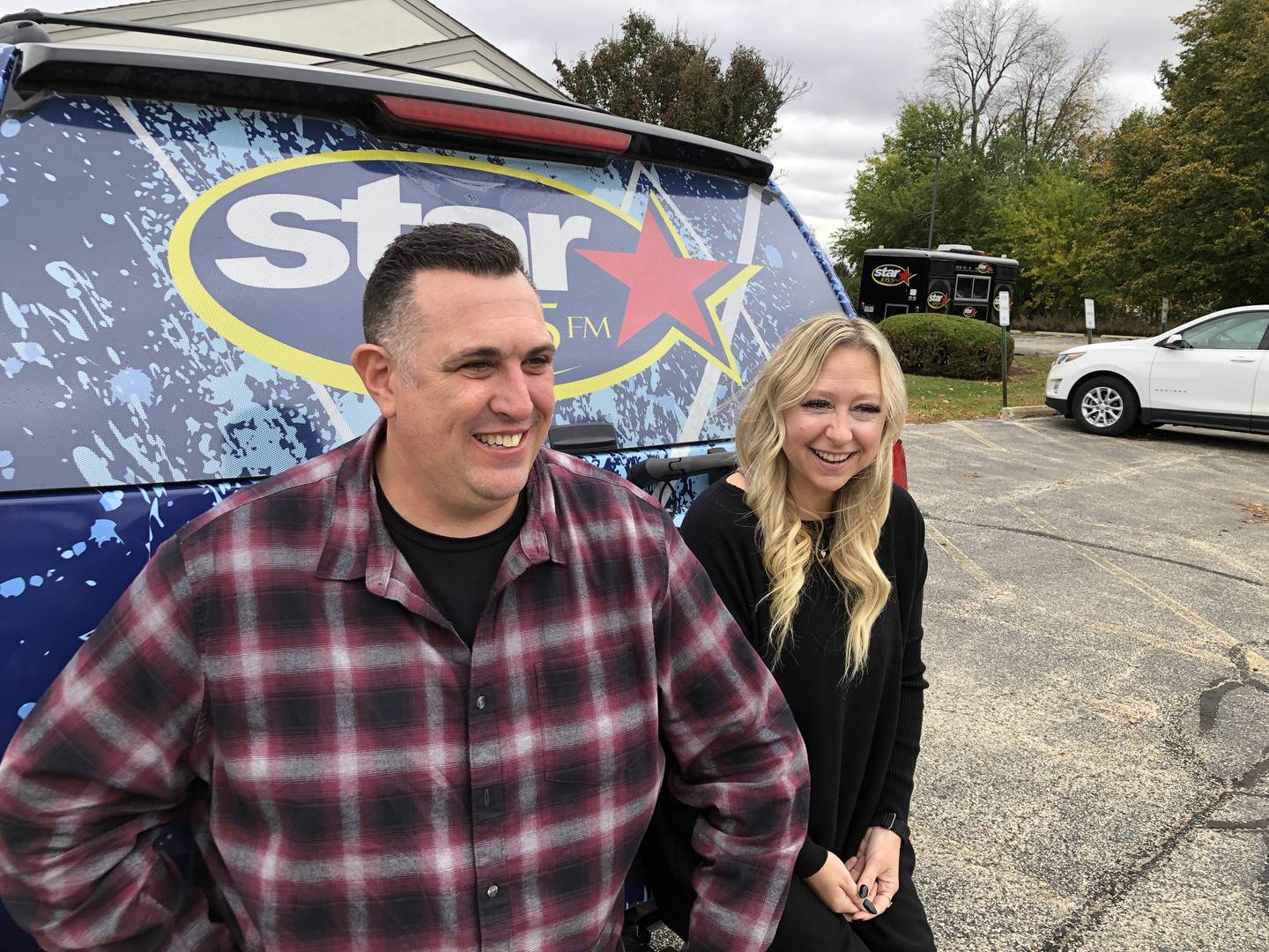 Joe Cicero and Tina Bree outside Crystal Lake's Star 105.5 Radio studio on Wednesday, Oct. 22, 2025. The long-time parters are set to return to their former morning show slot on Nov. 3, 2025.