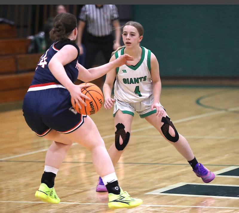 Alden-Hebron's MacKenzie Maule guards Woodlands Academy's Ariella Bridarolli during a nononference girls basketball game on Thursday, Jan. 29, 2026, at Alden-Hebron High School in Hebron.