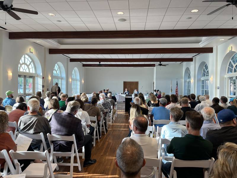Residents pack the Crystal Lake Main Beach Pavilion during the July 21, 2025 Crystal Lake Park District board meeting.