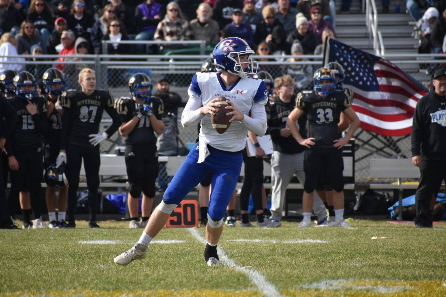 The Genoa-Kingston defense swarms to the ball against Durand-Pecatonica on Saturday, November 2, 2024, in a Class 3A first-round playoff game.