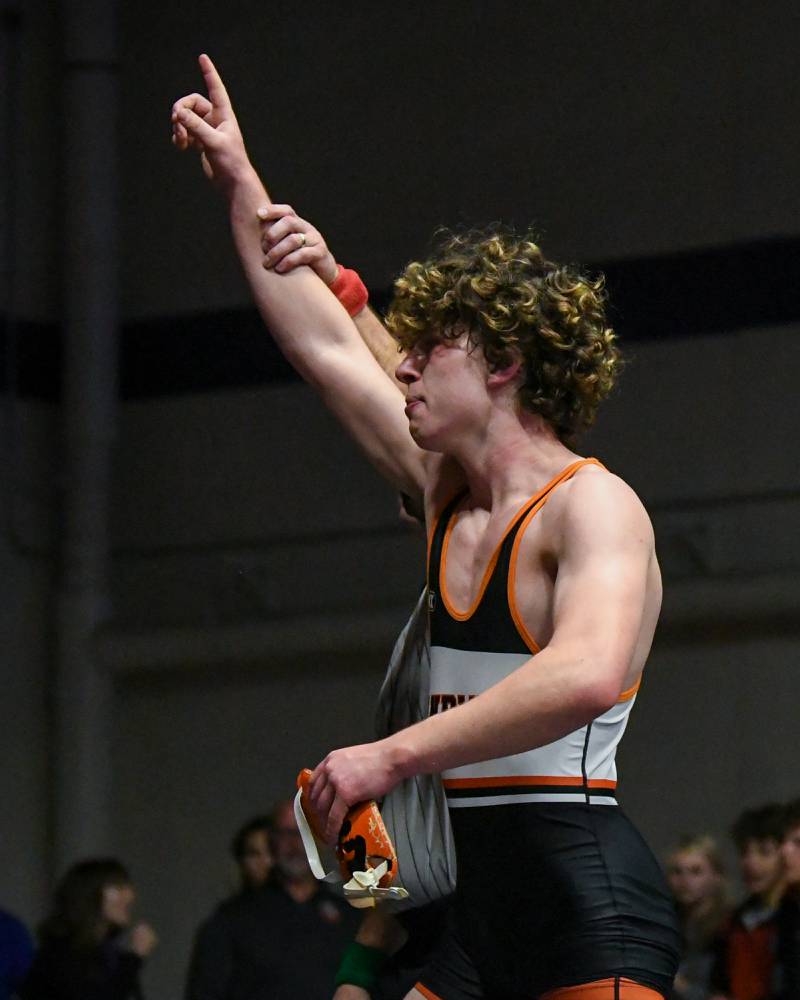 Nolan BoBee of Sandwich celebrates after winning over a Stillman Valley wrestler during the 152 weight class on Saturday Dec. 10th where he took the 3rd at the Plano Reaper wrestling classic held at Plano High School