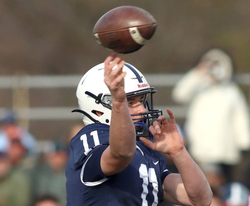 Cary-Grove’s Peyton Seaburg makes a touchdown pass to Landon Barnett against Belvidere North in IHSA Class 6A quarterfinal playoff football action on Saturday, Nov. 16, 2024, at Al Bohrer Field on the campus of Cary-Grove High School in Cary.