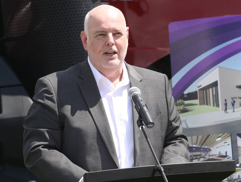 Dominick Demonica, of Demonica Kemper Architects gives remarks during a groundbreaking ceremony of the new Dr. Alfred E. Wisgoski  Agricultural Education on Friday, Aug. 22, 2025 at Illinois Valley Community College in Oglesby. The new building, received a one-million dollar donation from the Wisgoski family, funds from the federal Economic Development Administration and the state of Illinois Department of Commerce and Economic Opportunity, will not only provide physical spaces that reflect the program’s growth, innovation, and capabilities, but the IVCC Agricultural Education Center will also serve as a focal point for agricultural industry activities within the community. The building will take one-year to complete.