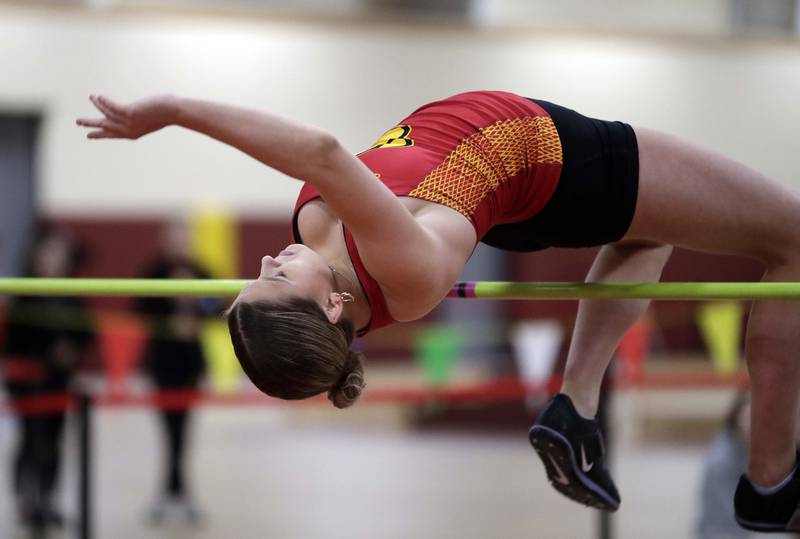 Batavia’s Meghann Hartmann competes in the high jump during the DuKane Girls Indoor Championship track meet Friday March 18, 2022 in Batavia.
