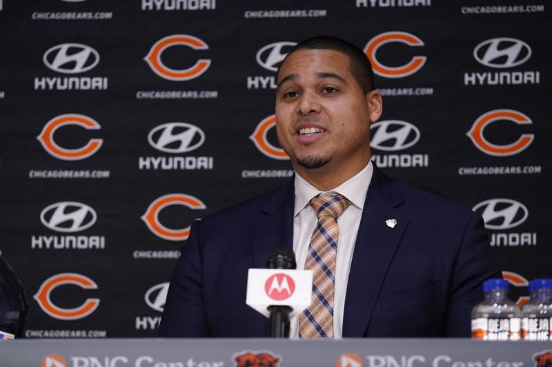 Chicago Bears new general manager Ryan Poles speaks during a news conference, Monday, Jan. 31, 2022, at Halas Hall in Lake Forest.