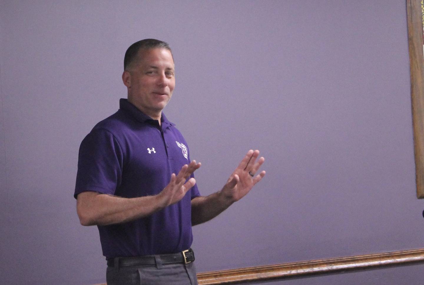 Former board of education member Brad Sibley addresses the board on Wednesday, April 19, 2023, about a naming request to honor former school resource officer Mark Dallas.