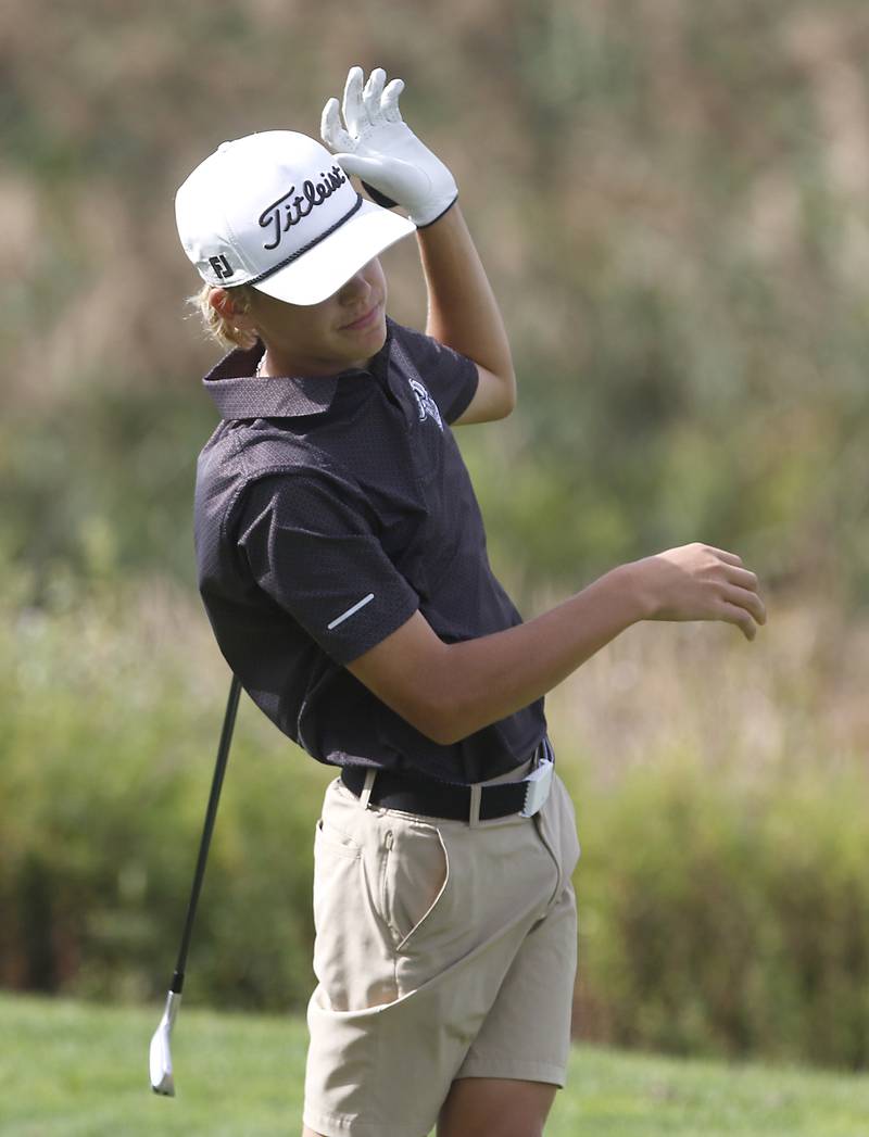 Kaneland’s Dylan Pjesky reacts to his tee shot on the seventh hole during the IHSA Class 2A Crystal Lake South Boys Golf Regional on Wednesday, Oct. 1, 2025 at RedTail Golf Club in Lakewood.
