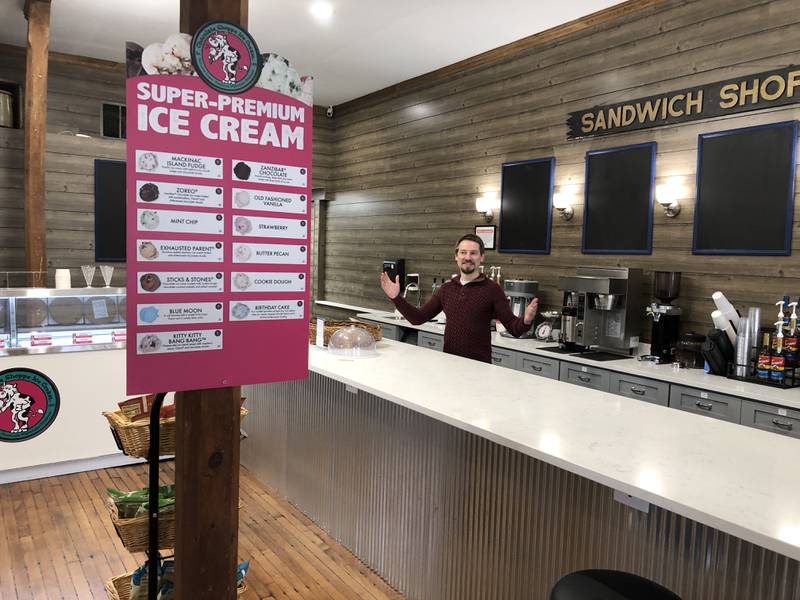 James Krzyak at the Greenwood General Store on Thursday, April 18, 2024. When the store reopens Friday, it will offer fresh-made sandwiches, coffee, and ice cream, along with general merchandise.