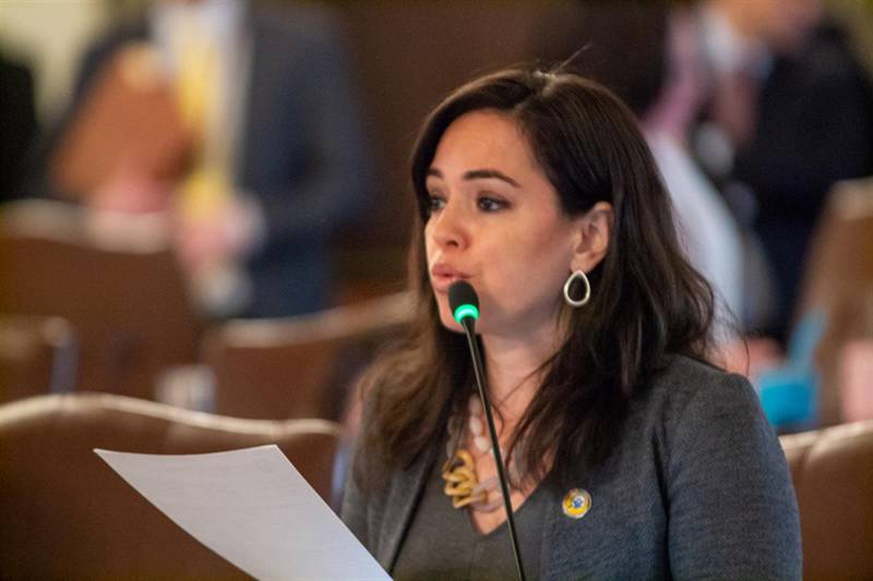 Sen. Cristina Pacione-Zayas is pictured on the floor of the Illinois Senate.