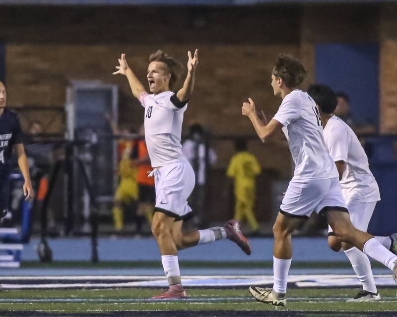 Downers Grove North's Oliver Davies (10) celebrates his first half goal during soccer match between Downers Grove North at Downers Grove South. Oct 2, 2025.