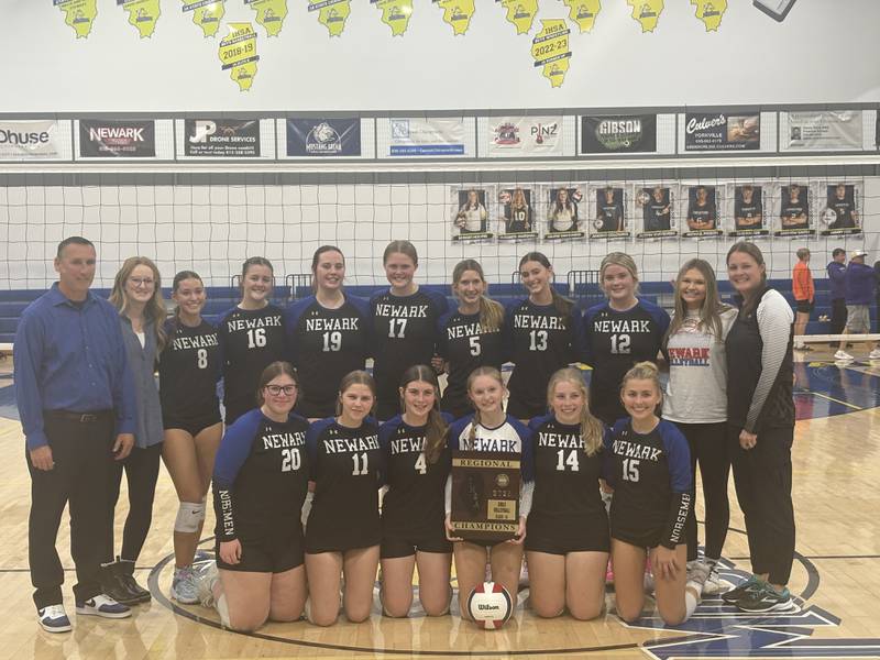 The Newark volleyball team poses with the regional plaque after winning the Class 1A Yorkville Christian Regional on Thursday.