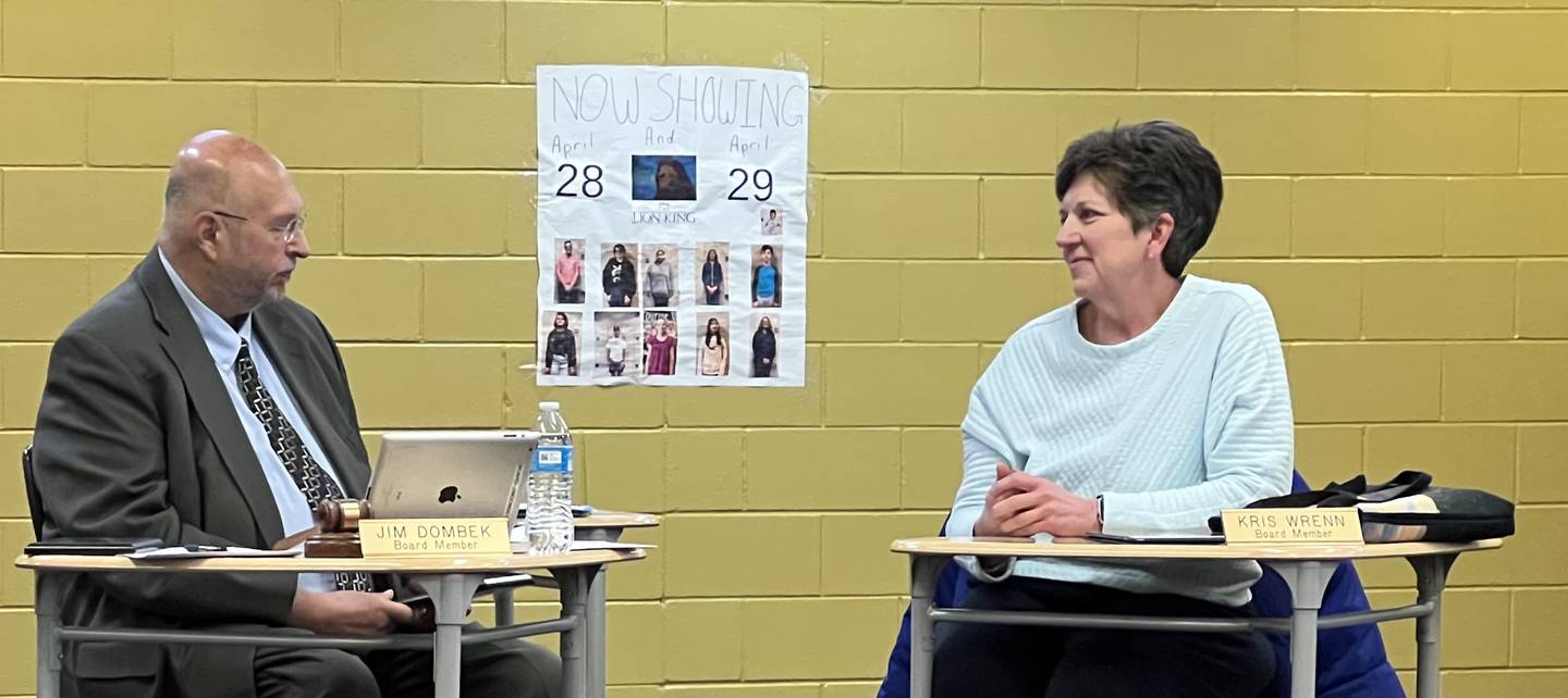 President of Sycamore Community School District 427's Board of Education, Jim Dombek thanks board member Kris Wrenn for serving the school district at her last board meeting on April 25, 2023.
